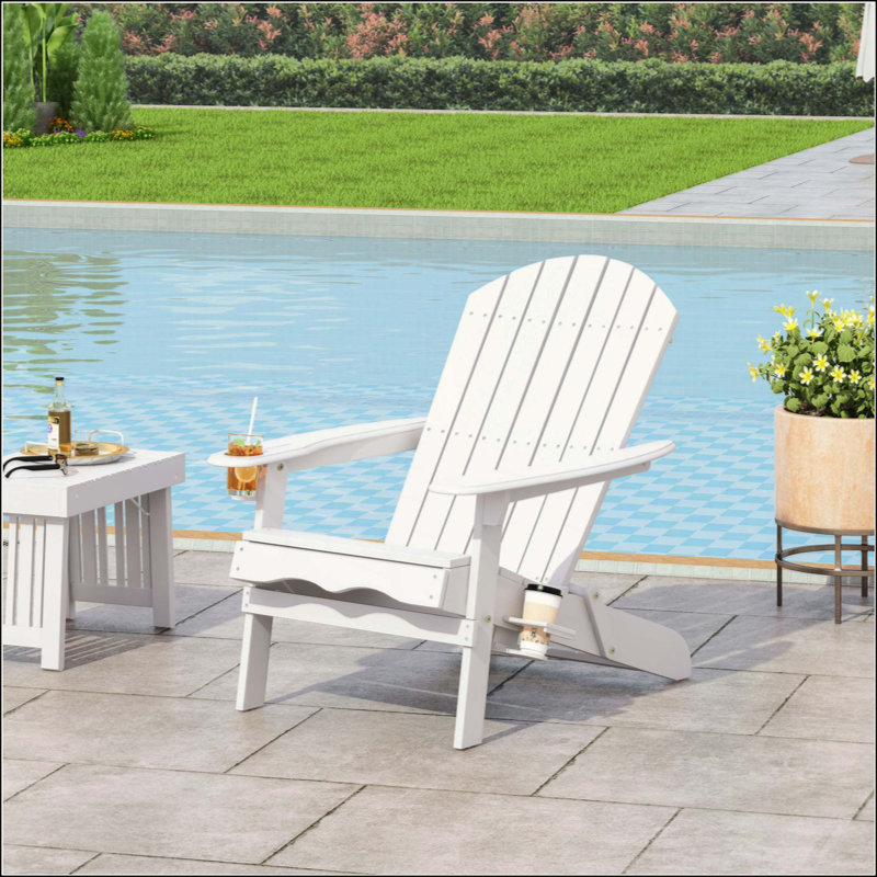 Rustic Folding Adirondack Chair With Cup Holders, Perfect For Outdoor Relaxation And Space-Saving Storage., White
