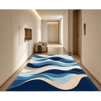 Tapis à motif vague abstrait, style moderne bleu beige et or, antidérapant, décoration intérieure artistique pour salon, chambre, entrée, cuisine, balcon, appartement