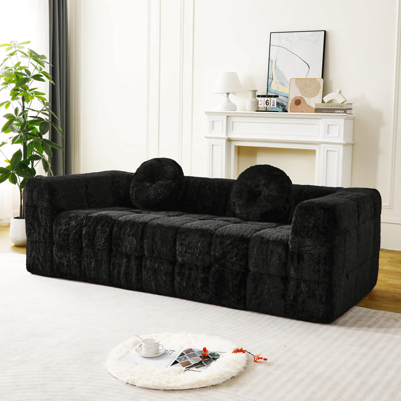 Canapé moderne sans os avec 2 coussins décoratifs circulaires, tissu en polyester à poils longs texturé litchi doux pour la peau, canapé en mousse à carreaux