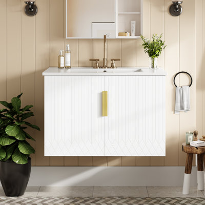 30-Inch Vintage Bathroom Vanity with Ceramic Sink and USB Charging, Perfect for Small to Medium Bathrooms