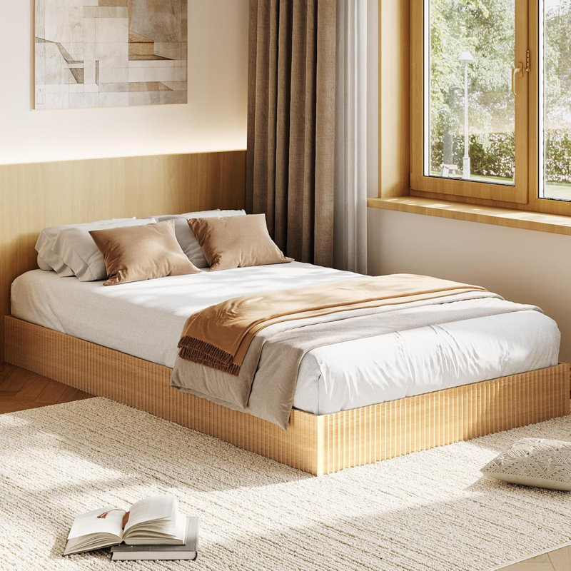 Wood Bed Frame, Wooden Platform Bed with Fluted Design, Twin Bed Frame with Study Support, No Box Spring Needed, Natural