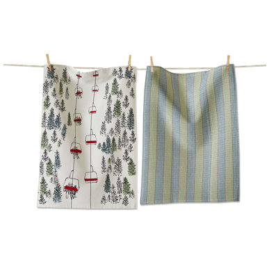 Ski Lift Dishtowel Set  Green Multi Cotton Kitchen Towels for Christmas  Machine Washable