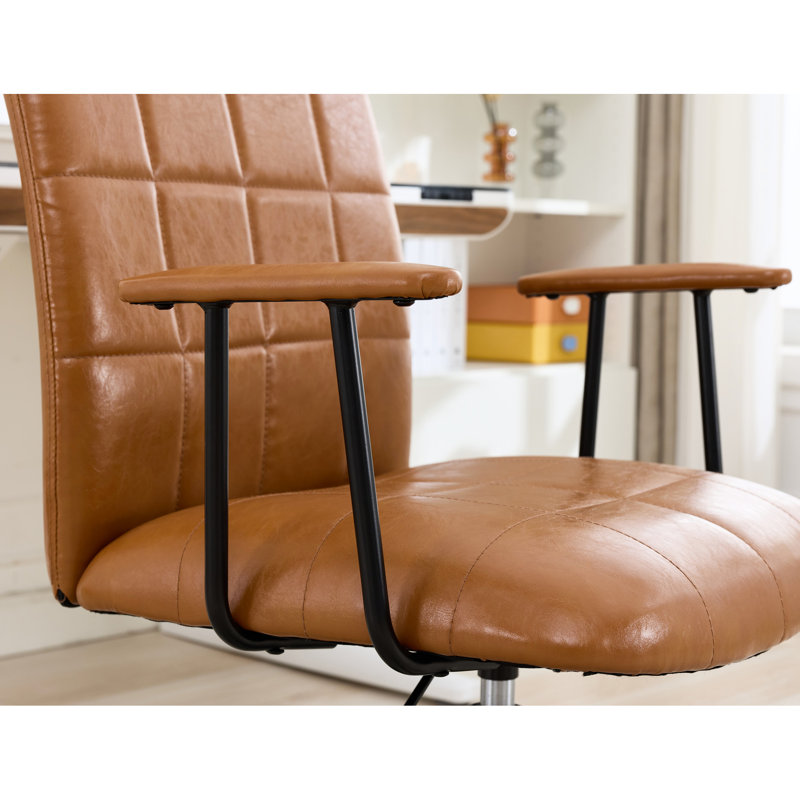 Antique Brown Pu Leather Office Chair With 360 Degree Swivel, Armrest, High , Soft Foam Seating, Up And Down Adjustable Gaslift, Black Powder Coated Frame, Five Star Base Wheels, Swivel Seat Depth