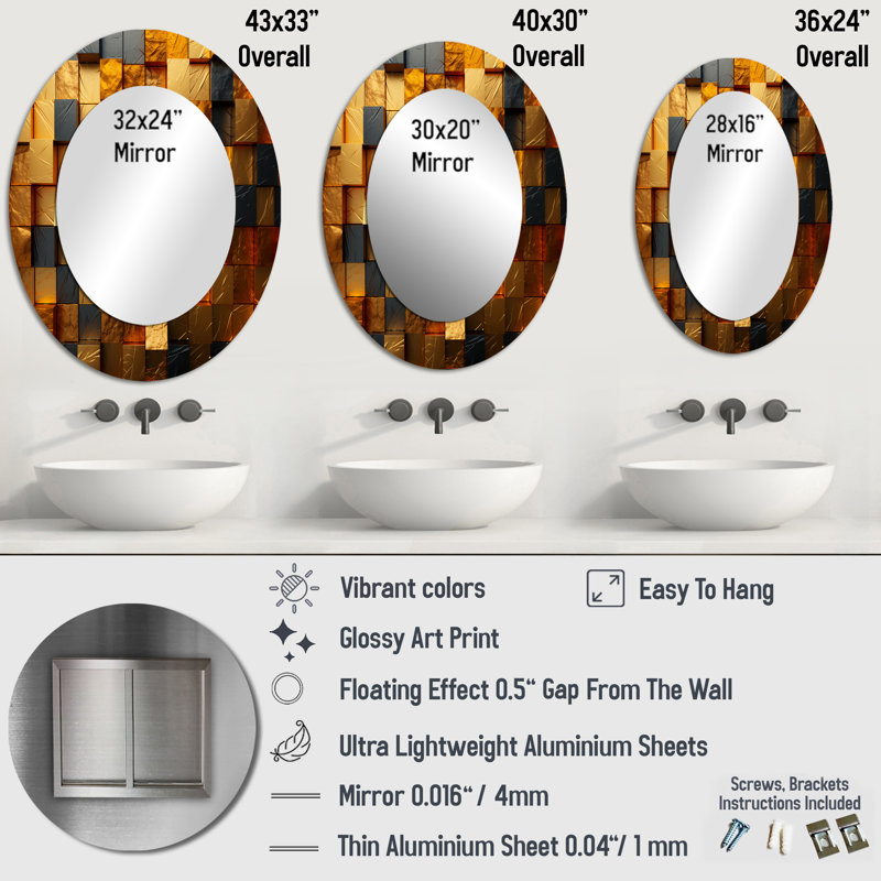 Miroir mural moderne ovale Grunge Gold Cubes, H 36 po x l 24 po