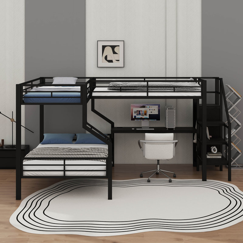 Lit superposé en L avec bureau, lit superposé triple en métal avec garde-robe, station de recharge