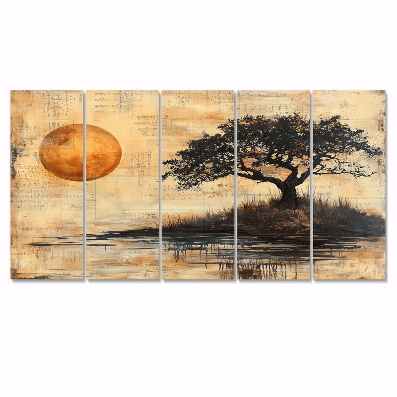 «Yellow Vintage Savannah African Tree» - ensemble de reproductions d'art mural arbre africain, H 32 po x l 80 po