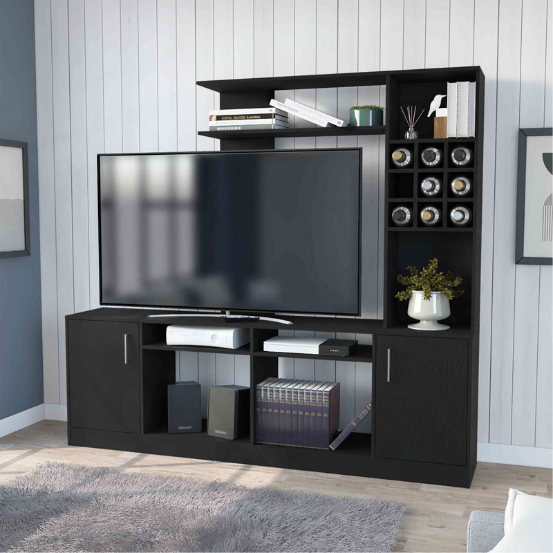 Meuble audio-vidéo vibrant pour téléviseur de 78 po ou plus, armoire à deux portes, espaces de rangement, six tablettes extérieures