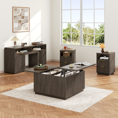 COCO DESIGN-Ensemble de meubles 4 pièces: meuble télé avec foyer électrique cannelé, table basse et tables de chevet, ensemble de chambre à coucher de style campagnard avec armoires de rangement et tiroirs