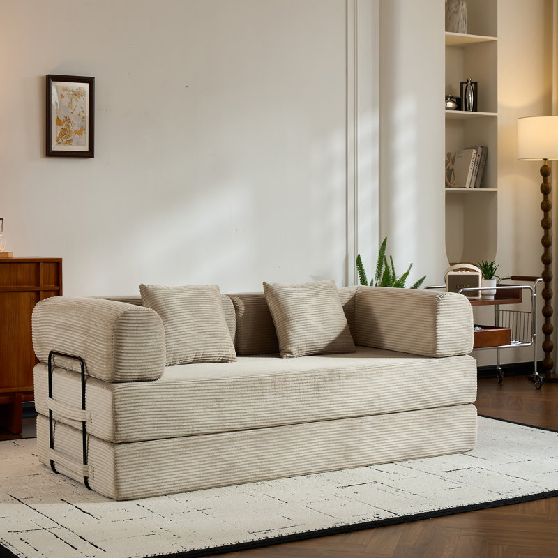 Canapé-lit convertible avec coussin cylindrique, canapé-lit pliant en velours côtelé avec cadre de forme fixe, canapé-lit de salon pour la chambre à coucher (beige)