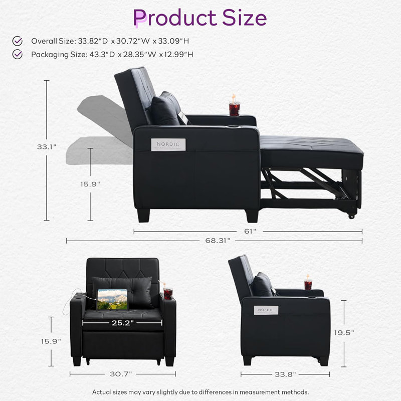 Faux Leather Convertible Chair 3-In-1 Pull Out Sleeper Futon Chair Beds With Usb, Blacjk