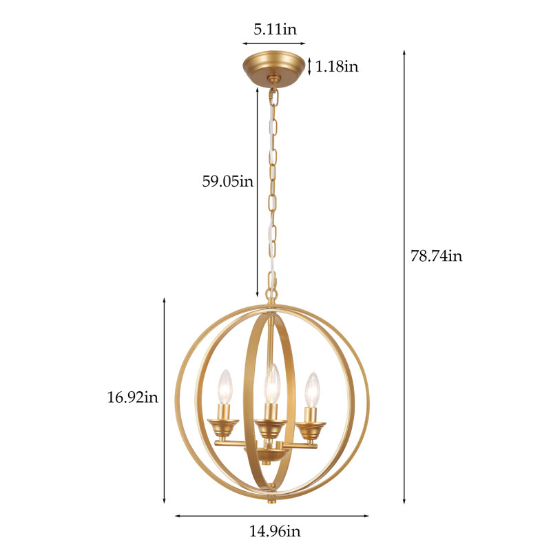 Georffrey 3 - Light 15" Wide Dimmable Candle Style Globe Sphere Chandelier, Painted Gold