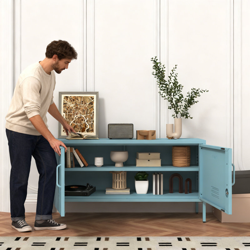 Wide Lockable Metal TV Stand for Bedroom, Heavy Duty Entertainment Center with Adjustable Shelves & 2 Doors, Multifunctional Storage Cabinet for Home