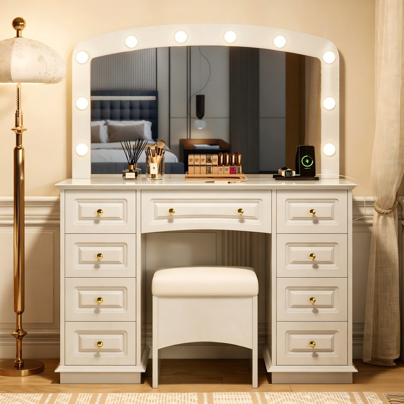 Table de coiffeuse à maquillage classique 3 modes d'éclairage avec 10 ampoules Hollywood, tabouret rembourré et 9 tiroirs de rangement pour la chambre à coucher