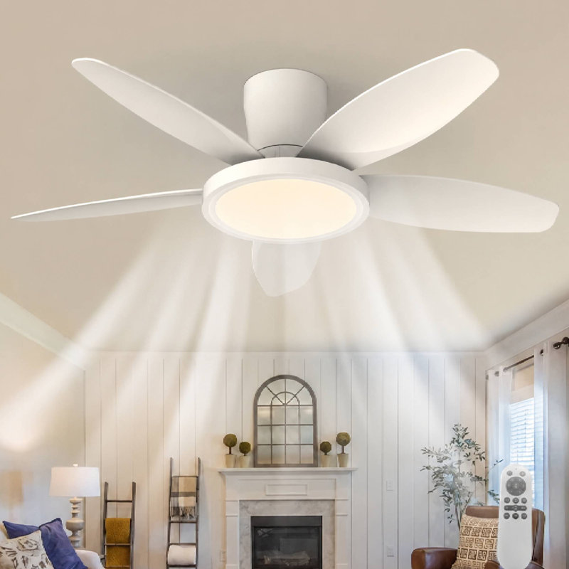 106cm 5-Blade Dimmable LED Ceiling Fan with Light Kit and Remote Control, White, White