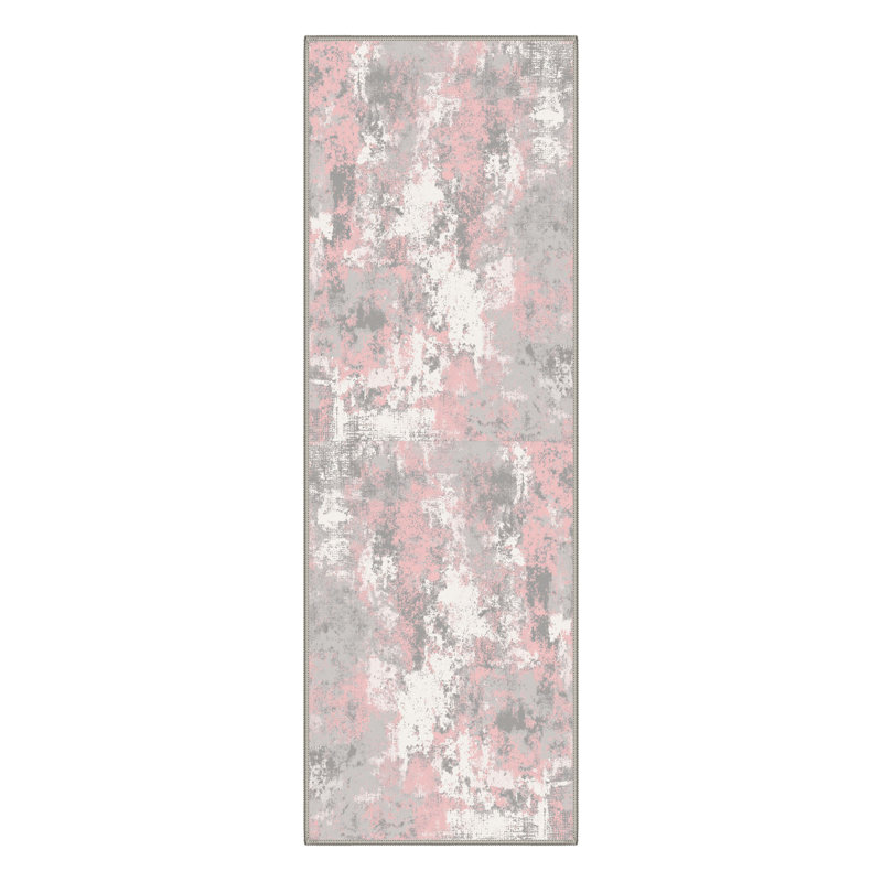 Soft Modern Pink and Grey Area Rug Washable Non Slip Low Profile Carpet for Living Room Bedroom Hallway, Runner 2' x 6'