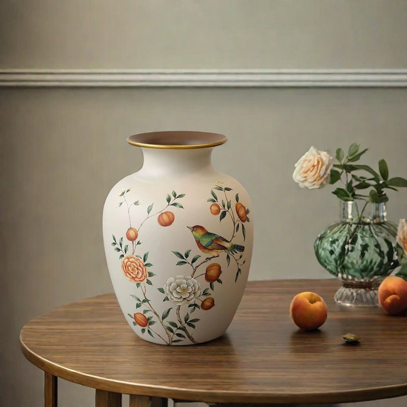 Vintage Off-White Ceramic Vase with Bird and Floral Design
