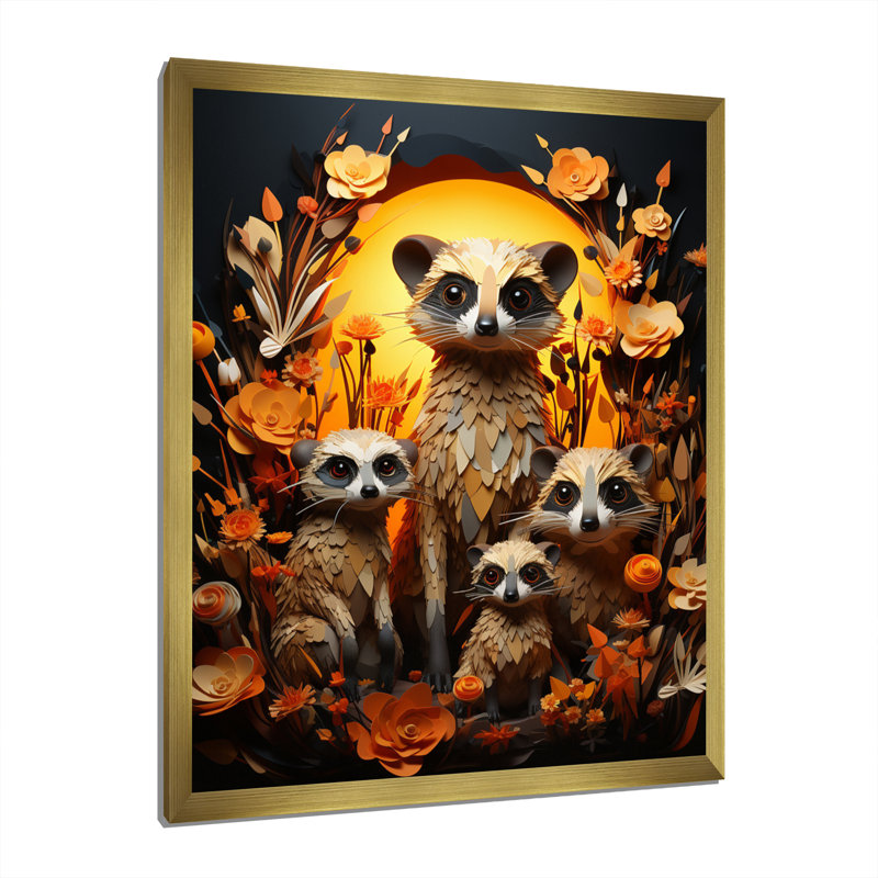 " Orange Black Meercat Community Papercut ", Gold Picture Framed, 44" H x 34" W x 1.5" D