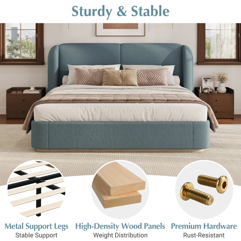 Henry Boucle Upholstered Platform Bed With Headboard & Wooden Slats, Light Blue, Queen