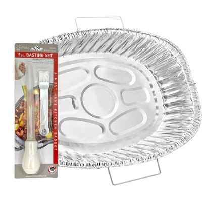 Oval Disposable Turkey Roasting Pan with Handles & Free 3-in-1 Basting Kit