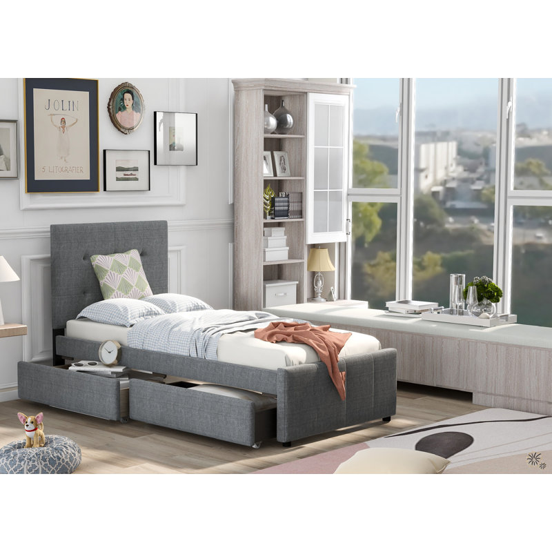 Upholstered Slat Storage Bed, Twin, Gray
