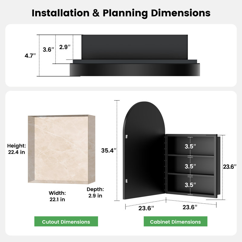 Pelaga 23.6"W X 35.4"H Recessed Framed Metal Medicine Cabinet, 35.4"H x 23.6"W x 4.7"D, Black