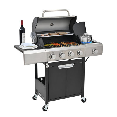 4-Burner Propane Gas Grill with Side Burner, Stainless Steel Outdoor BBQ Station