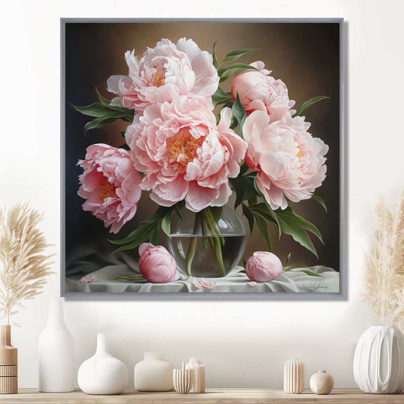 Reproduction d'art sur toile, pivoines roses, nature morte II, Encadrement argenté, 24" H x 24" W