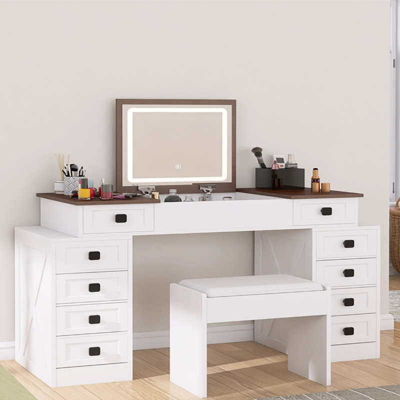 Meuble-lavabo avec éclairage à DEL à intensité variable avec 10 tiroirs, table de maquillage avec miroir rabattable pour un grand espace de rangement avec tabouret et tiroirs