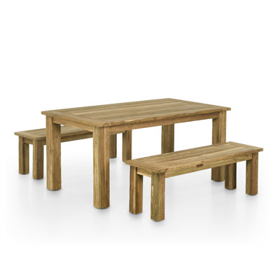 63" Bovey Reclaimed Teak Indoor Outdoor Dining Table Set With Two 51" Teak Benches