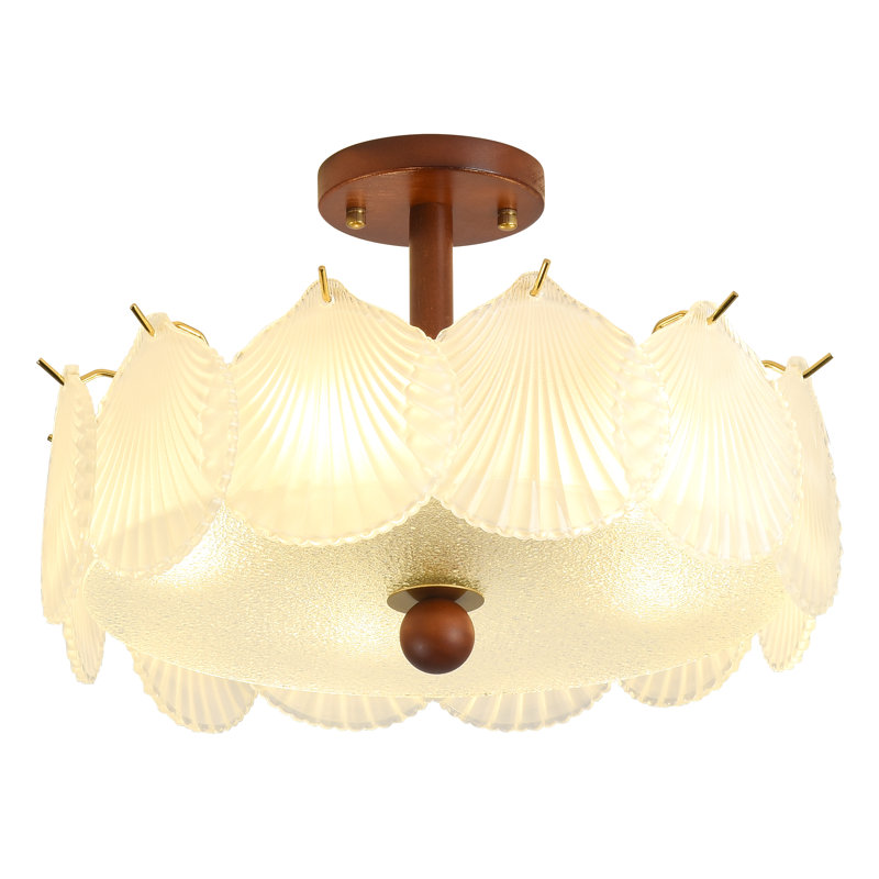 Plafonnier semi-encastré à 5 lumières de style moderne du milieu du siècle, en verre et en bois, en forme de coquillage festonné, 15,74 po