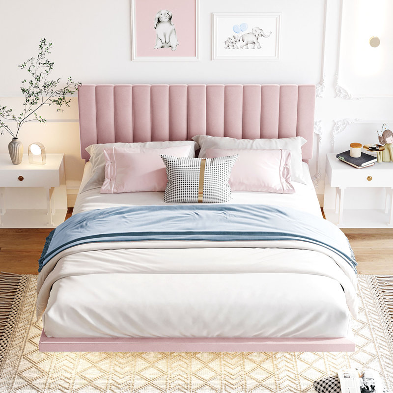 Grand lit tapissier avec lumière et tête de lit, lit plateforme en velours flottant, Rose