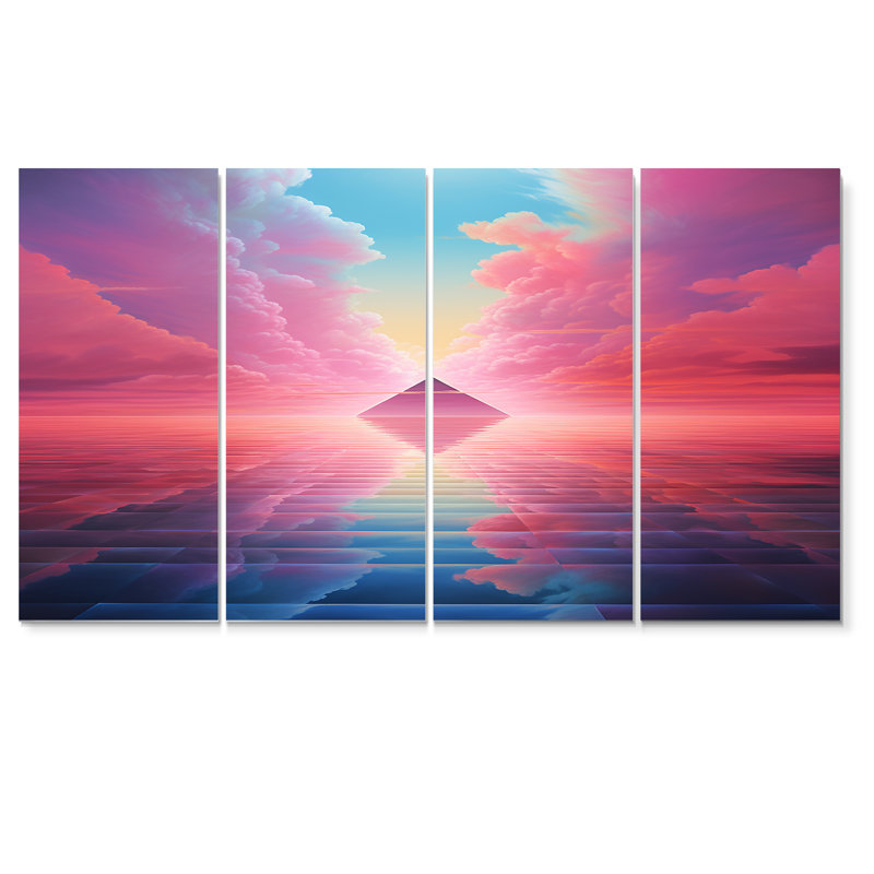 «Pink Diamond Horizon», art mural abstrait 4 pièces, H 28 po x l 48 po