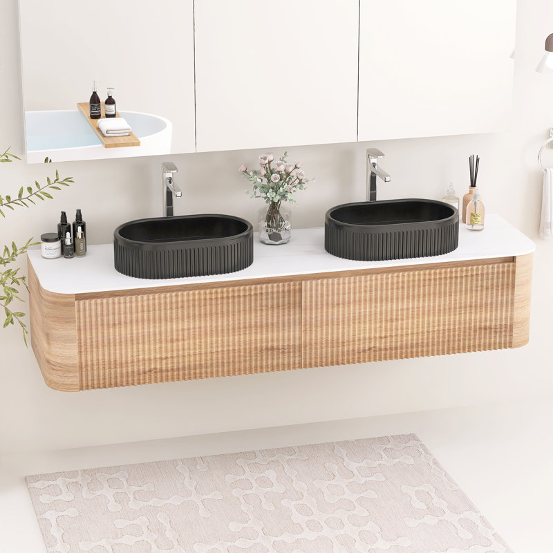 Meuble-lavabo mural 72 pouces avec double vasque en céramique, deux tiroirs et porte-serviettes, Honey Oak