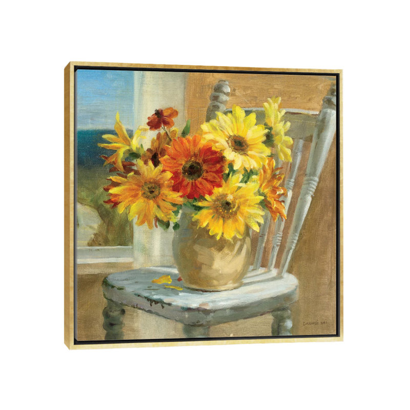 Tournesols au bord de la mer par Danhui Nai - reproduction d'art, H 26 po x l 26 po x P 1,5 po, Toile encadrée d'or