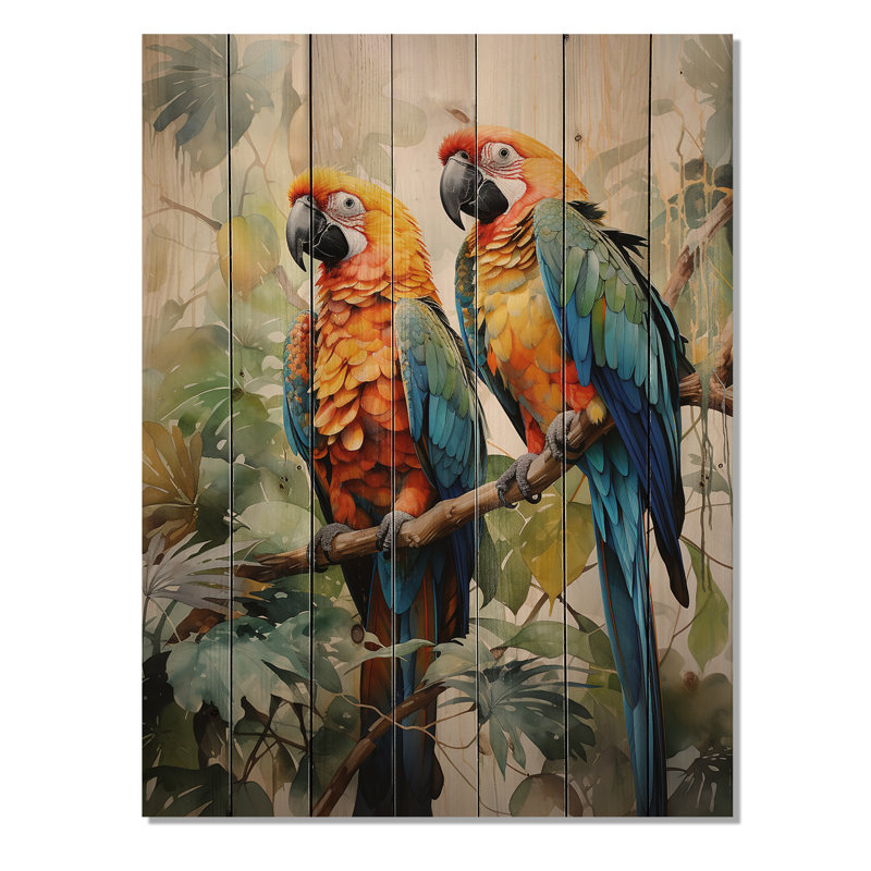 Kaynat, deux perroquets sur une branche I sur bois, H 32 po x l 24 po x P 0,78 po