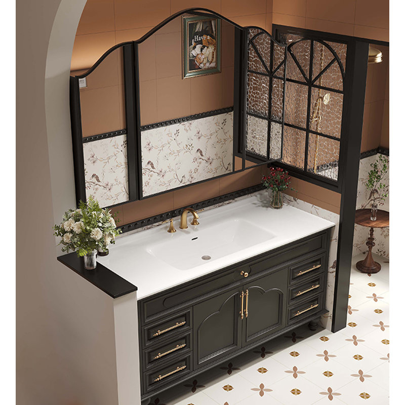 Meuble-lavabo français rétro en bois d'hévéa avec comptoir en pierre frittée