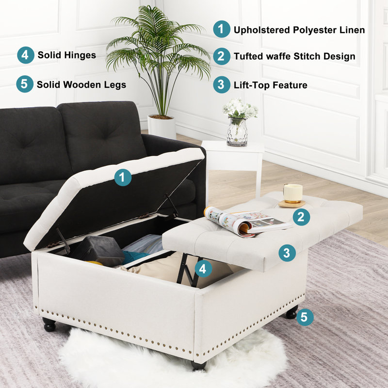 Cymon 35.5” Upholstered Square Large Storage Ottoman, White Linen