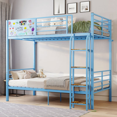 Lit superposé en métal pour adultes et enfants, convertible en 2 lits doubles séparés, cadre de lit superposé robuste avec garde-corps et échelle pleine grandeur, sans sommier, bleu