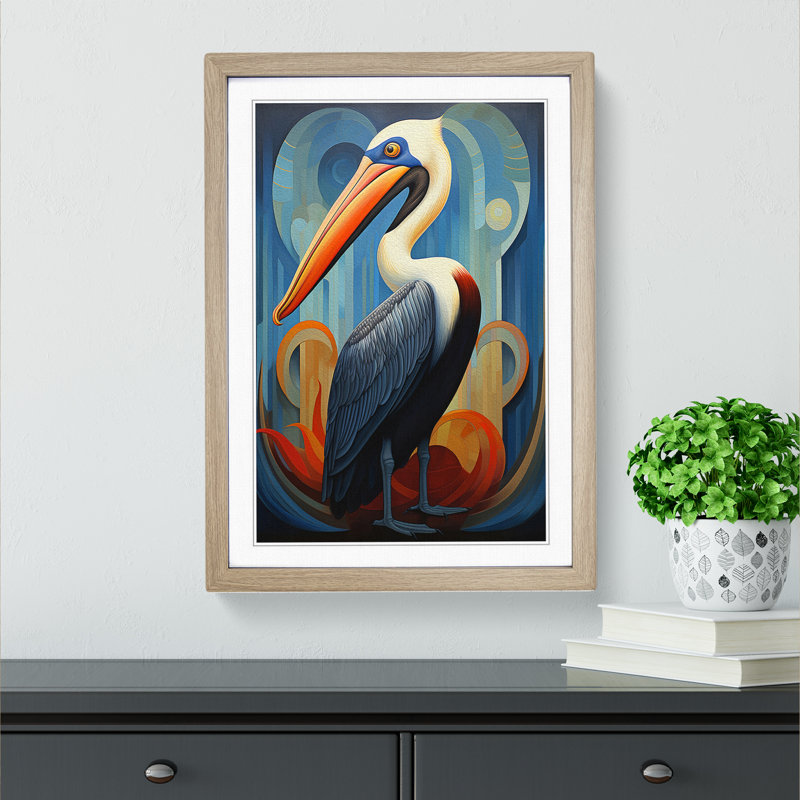 Pelican Art Deco - Single Picture Frame Print on Wood, Oak Framed, 46cm H x 34cm W x 2cm D