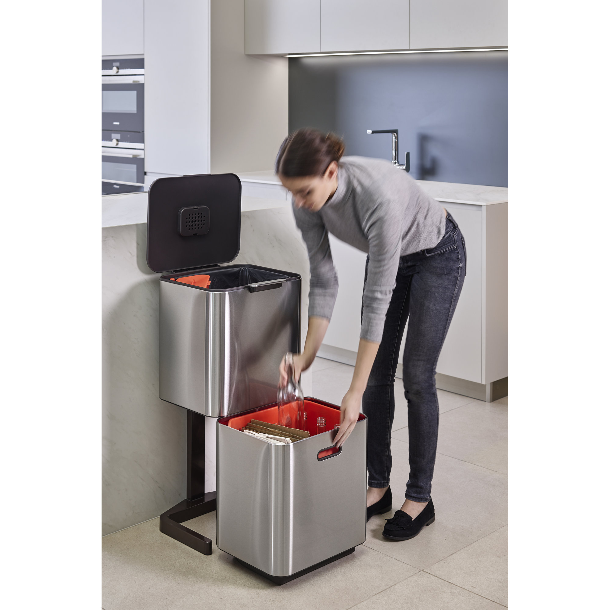 Joseph Joseph Totem Waste & Recycling Dual Kitchen Trash Can, 15.85 US Gallons, Stainless Steel