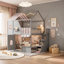 Lit superposé avec une maisonnette, un escalier de rangement et des tablettes, idéal pour les chambres d'enfants et pour maximiser l'espace-129493780