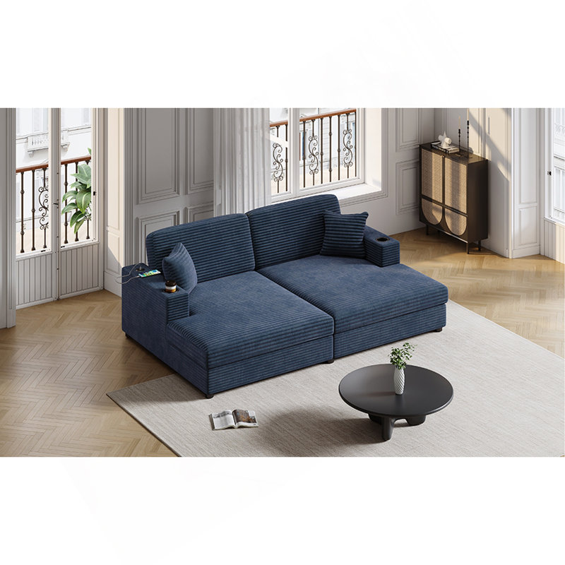 86.5" Oversized Loveseat Chaise Lounge Sectional Sofa Bed Corduroy Sleeper Sofa With Two USB Ports , Two Cup Holders And Two Throw Pillows For Living Room And Bedroom