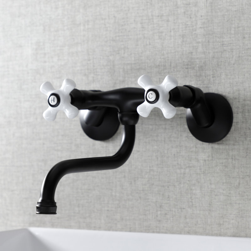 Kingston Brass Kingston Two-Handle 2-Hole Wall Mount Bathroom Faucet, Matte Black/White