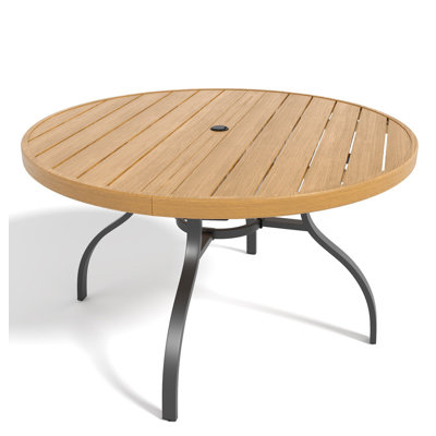 "Round Faux Wood Slat Patio Table 41"" with Umbrella Hole, Realistic Wood Grain Top + Matte Black High-Quality Iron Legs, Rust-Resistant Outdoor Dining Table for Garden Patio Balcony