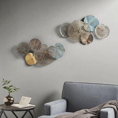 Multi Lily Pad Leaves Metal Wall Art Of 2, Aged With Gold, White, Brass, Indoor Decoration Art, Cut And Solid Leaves, Comes Keyhole 2 Decoration, Finish For Spaces, Hanging Option