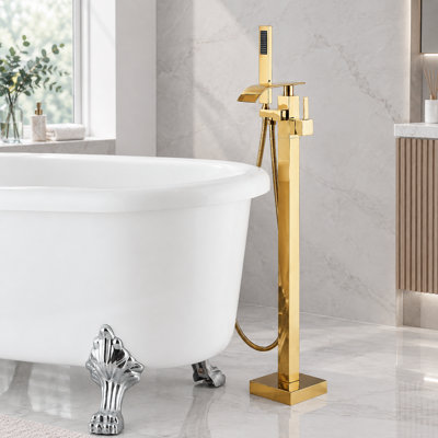 Brushed Gold Free Standing Bathroom Tub Filler Faucet Waterfall Spout with Handheld Sprayer Floor Mounted Bathtub Mixer Tap