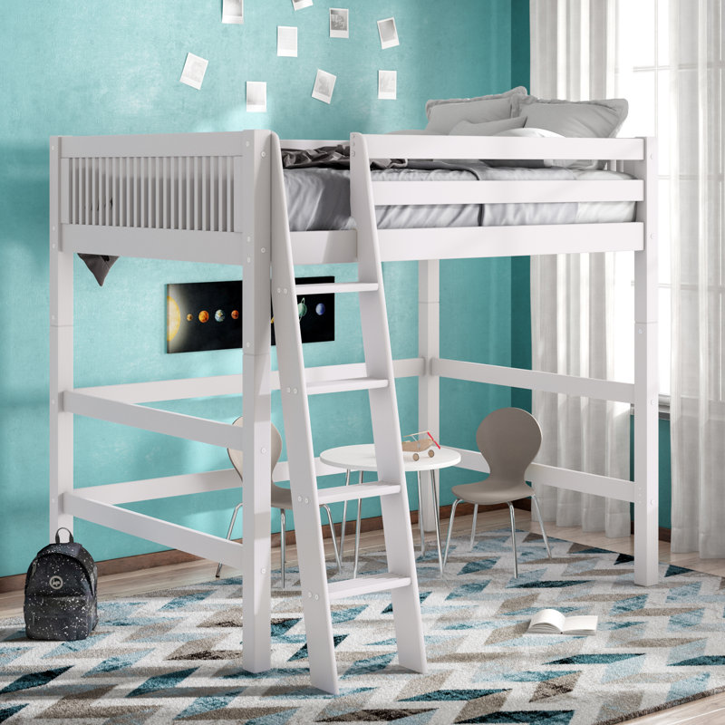 Lit mezzanine double en bois massif Fradin, Blanc