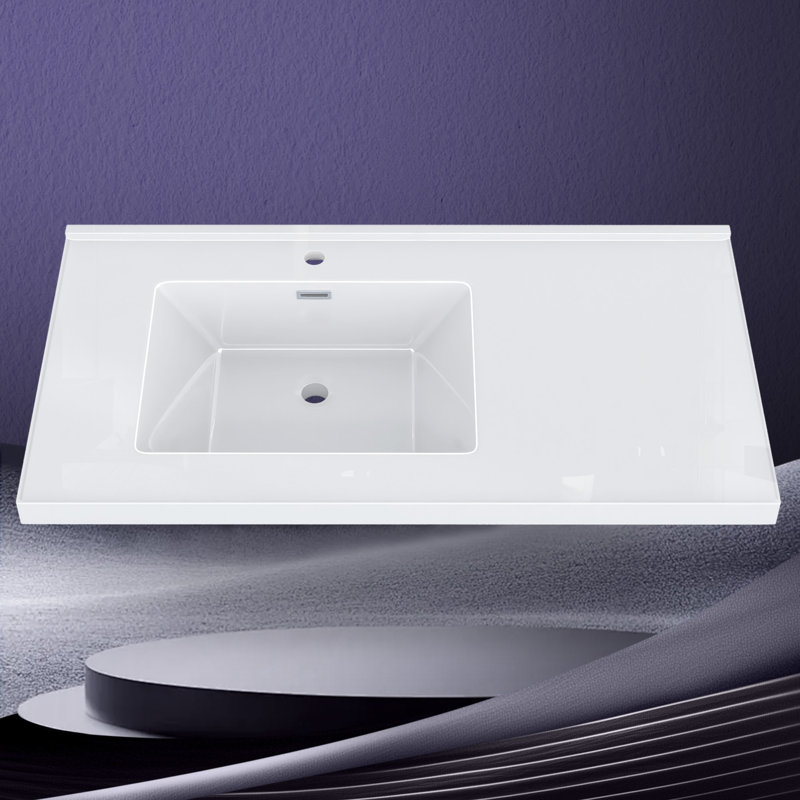 Left Offset 42"  Single Bathroom Vanity Top In White Countertop With Solid Surface Sink Basin
