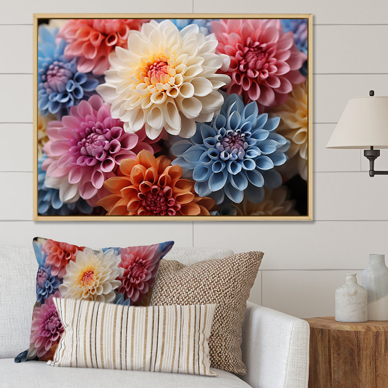 Chrysanthèmes vibrants, collage I, H 16 po x l 32 po x P 1 po, Cadre flottant blanc