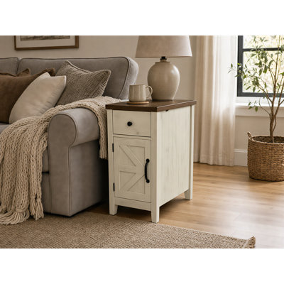 Farmhouse End Table with Charging Station, Nightstand with Barn Door and Drawer, Side Table Storage Cabinet for Bedroom and Living Room, Brown+White